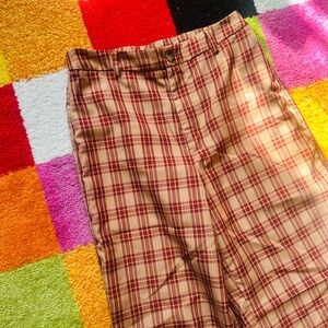 Beige and Burgundy Plaid High-Waist Pants
